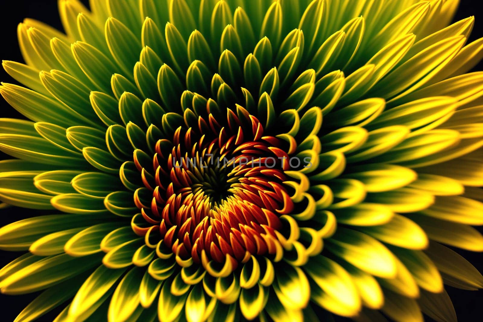 The image is a yellow flower with intricate, swirling petals.