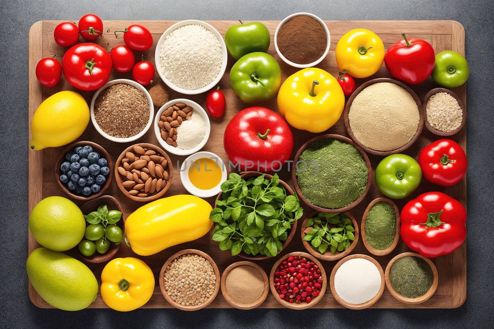 The image depicts various fruits, vegetables, and spices arranged in a wooden bowl.