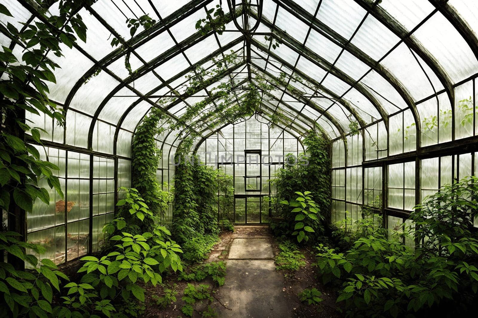 The image shows a greenhouse with a long, narrow walkway running down the center of it, surrounded by tall, leafy plants on either side.