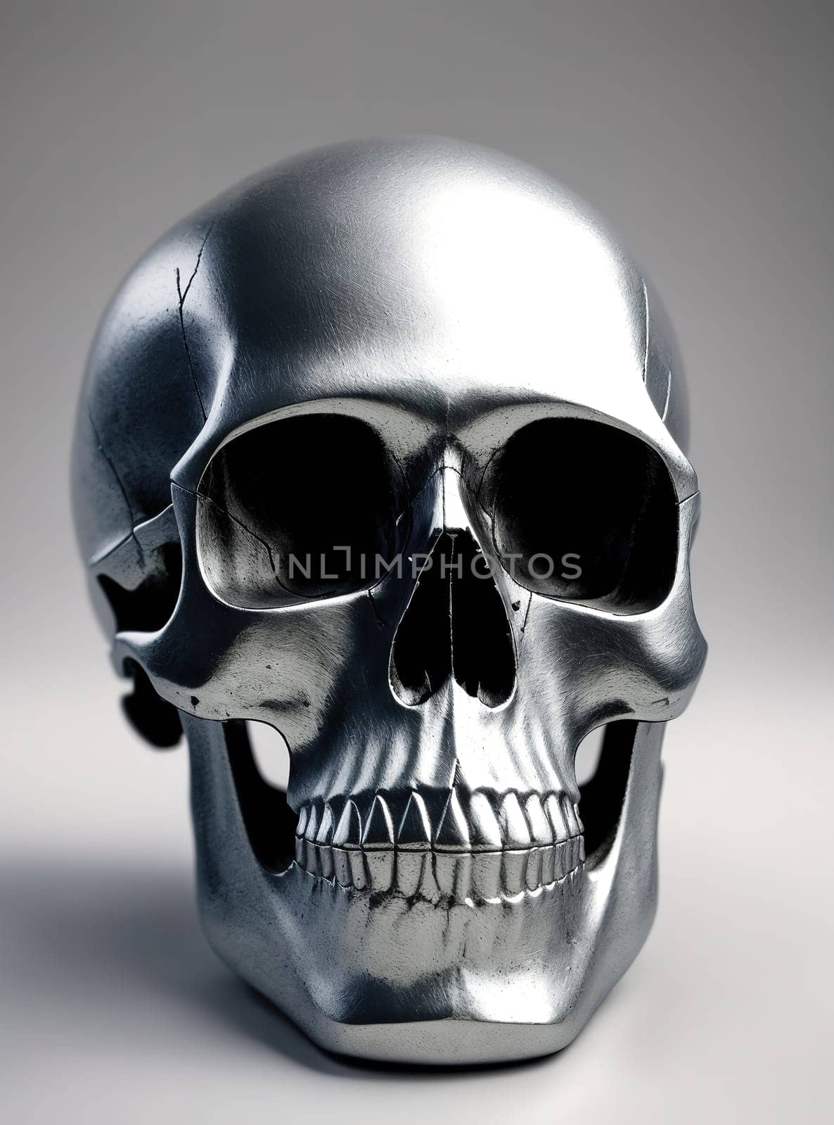 The image is a 3D rendering of a human skull with a neutral expression on its face.