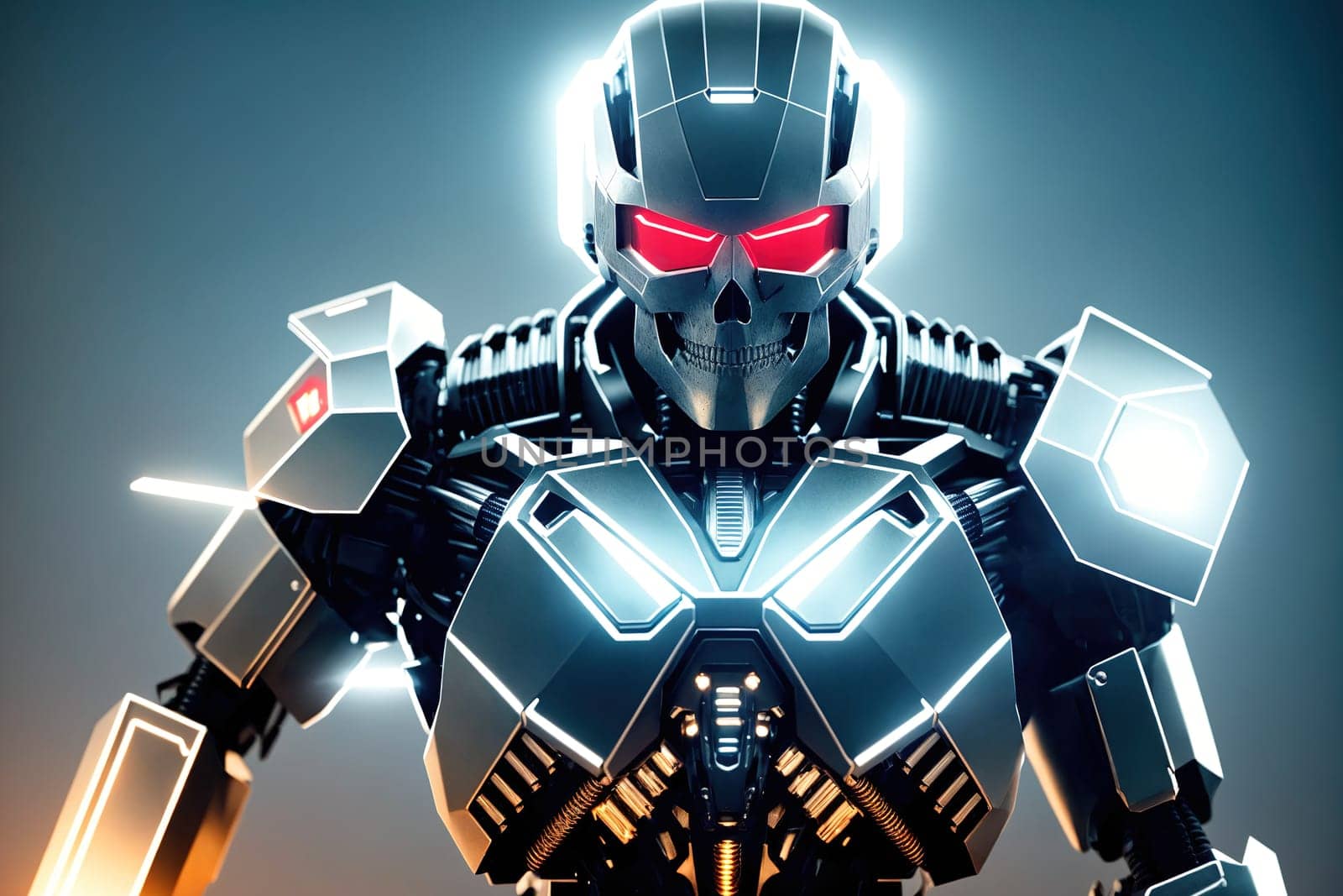 The image depicts a futuristic robot with glowing eyes and a metallic body.