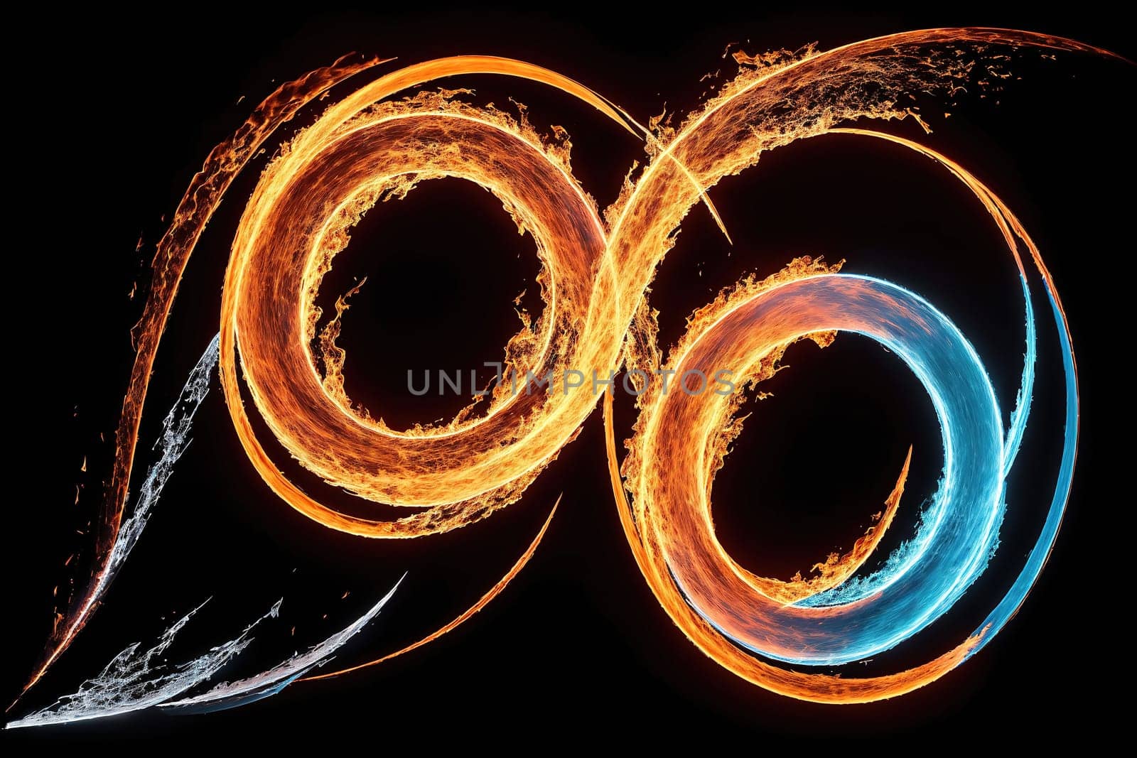 The image is a circular shape made up of swirling lines in shades of orange and blue.