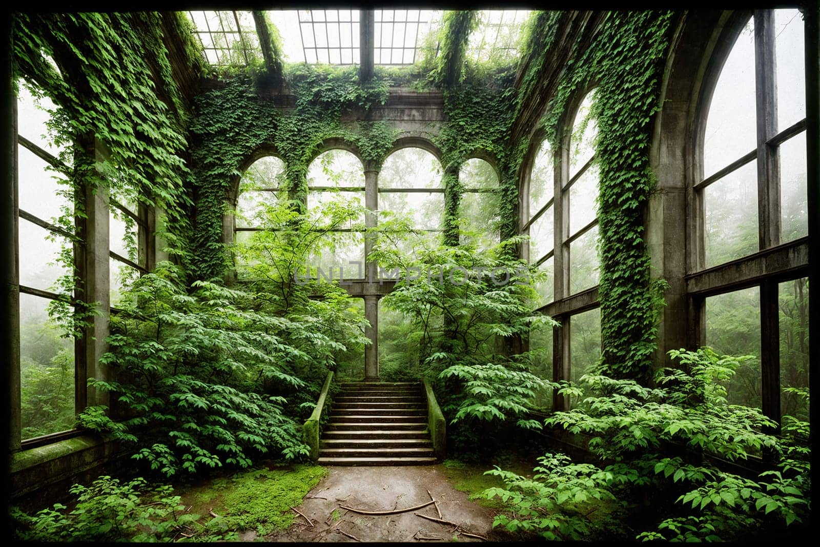 The image shows a large, abandoned greenhouse with a long, winding staircase leading up to the top of the building, surrounded by overgrown plants and vines.