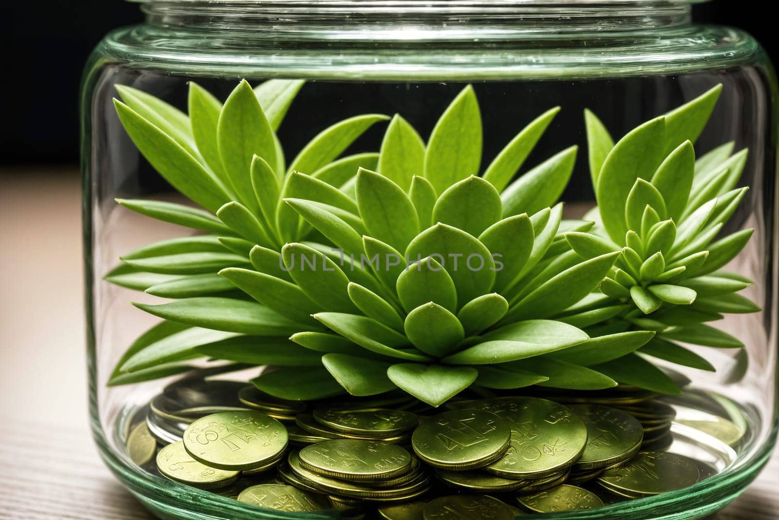 The image shows a clear glass jar filled with coins and surrounded by green plants.