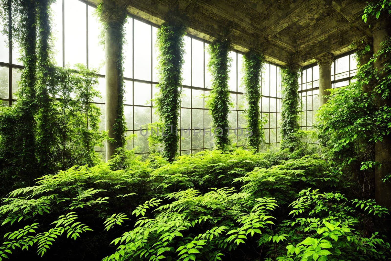 The image shows a large, abandoned greenhouse filled with lush green plants and vines growing up the walls.