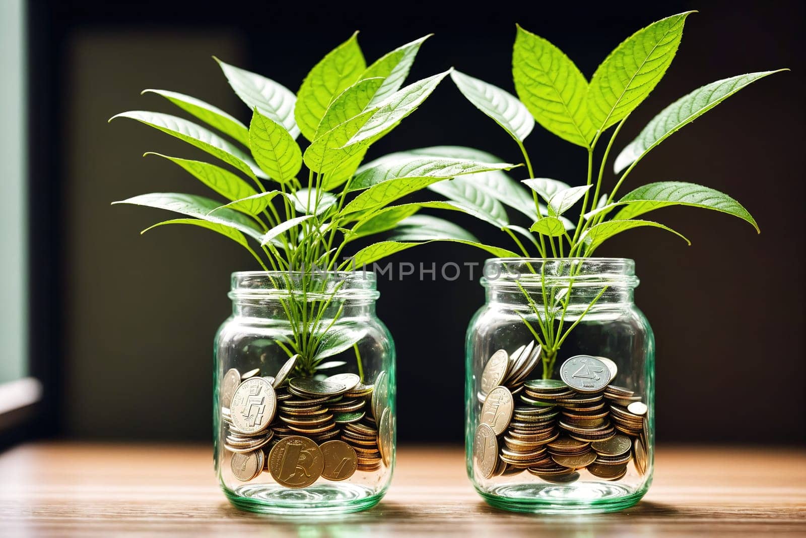 The image shows two glass jars filled with coins and a small plant growing out of the top of one of them.