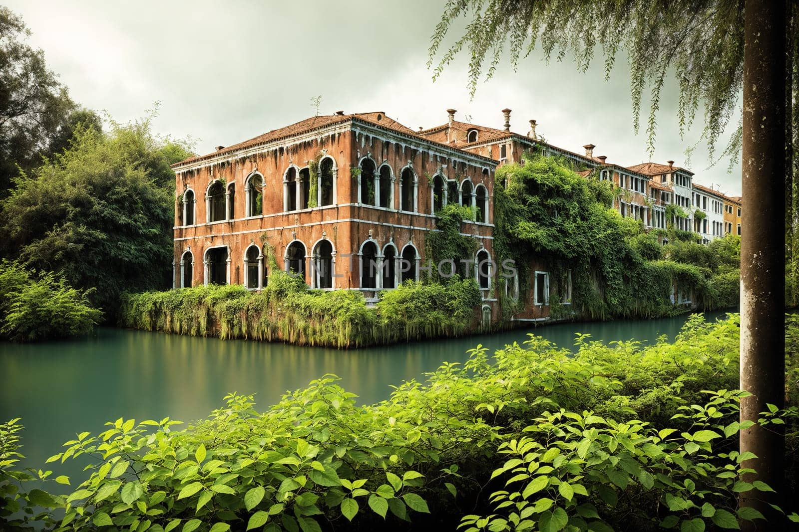 The image shows a small canal with a bridge over it, surrounded by trees and buildings with red roofs.