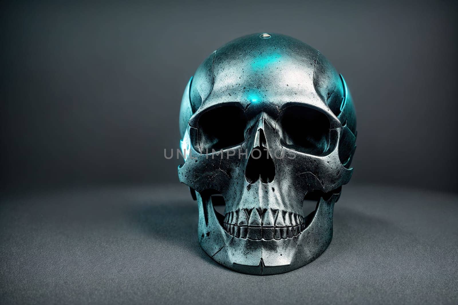 The image is a 3D rendering of a human skull with a metallic finish.