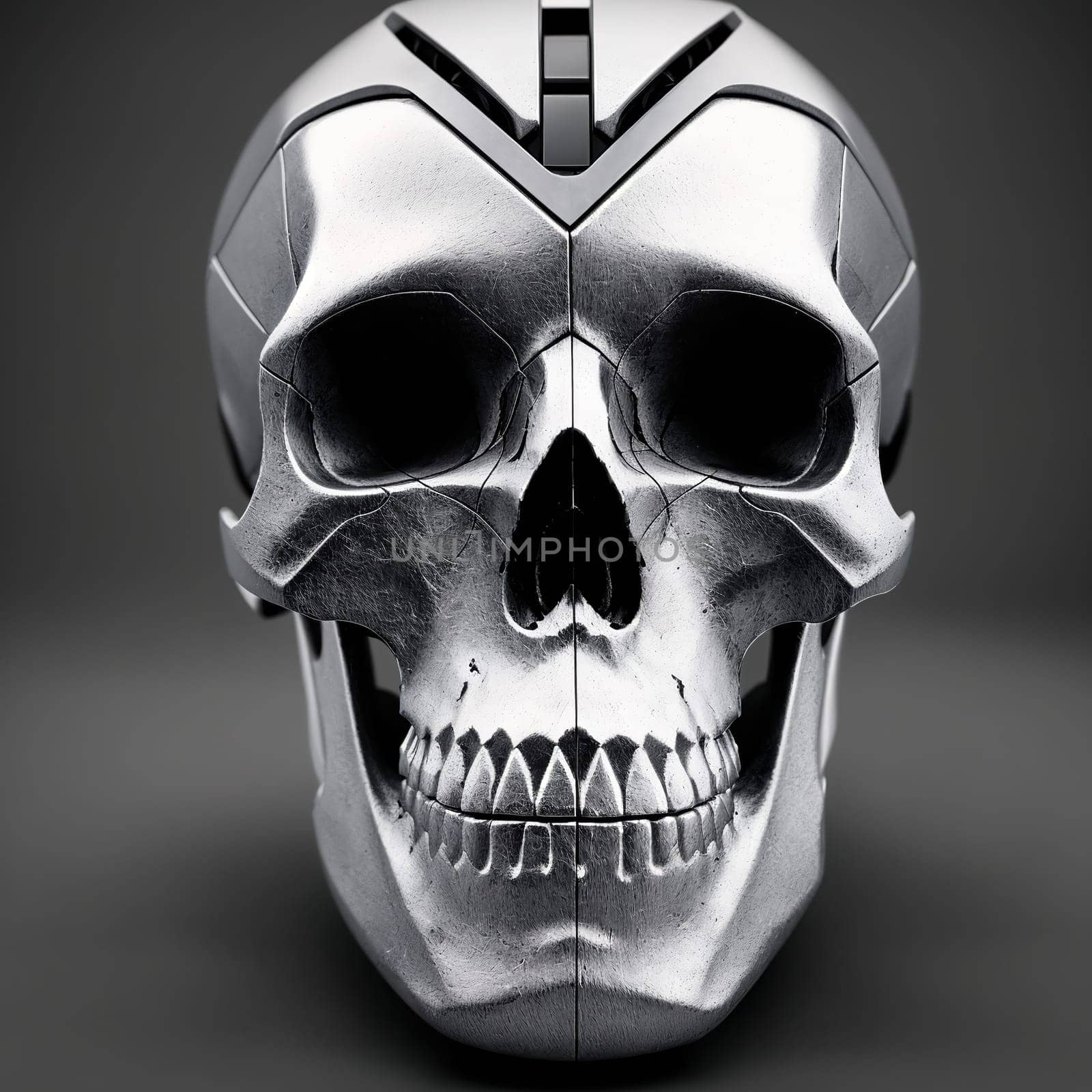 The image is a 3D rendering of a skull with a metallic finish.