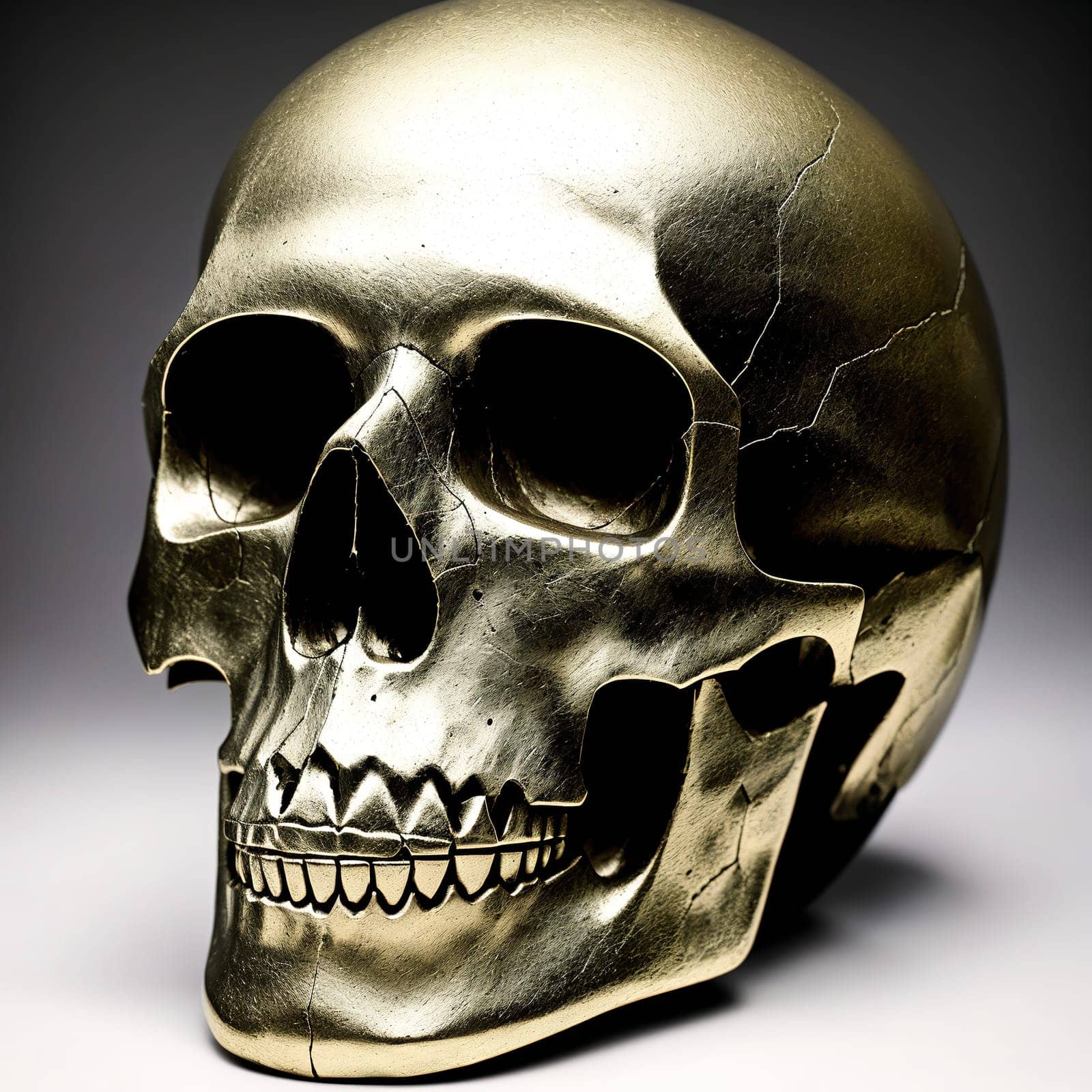 The image is a 3D rendering of a human skull with a neutral expression on its face.