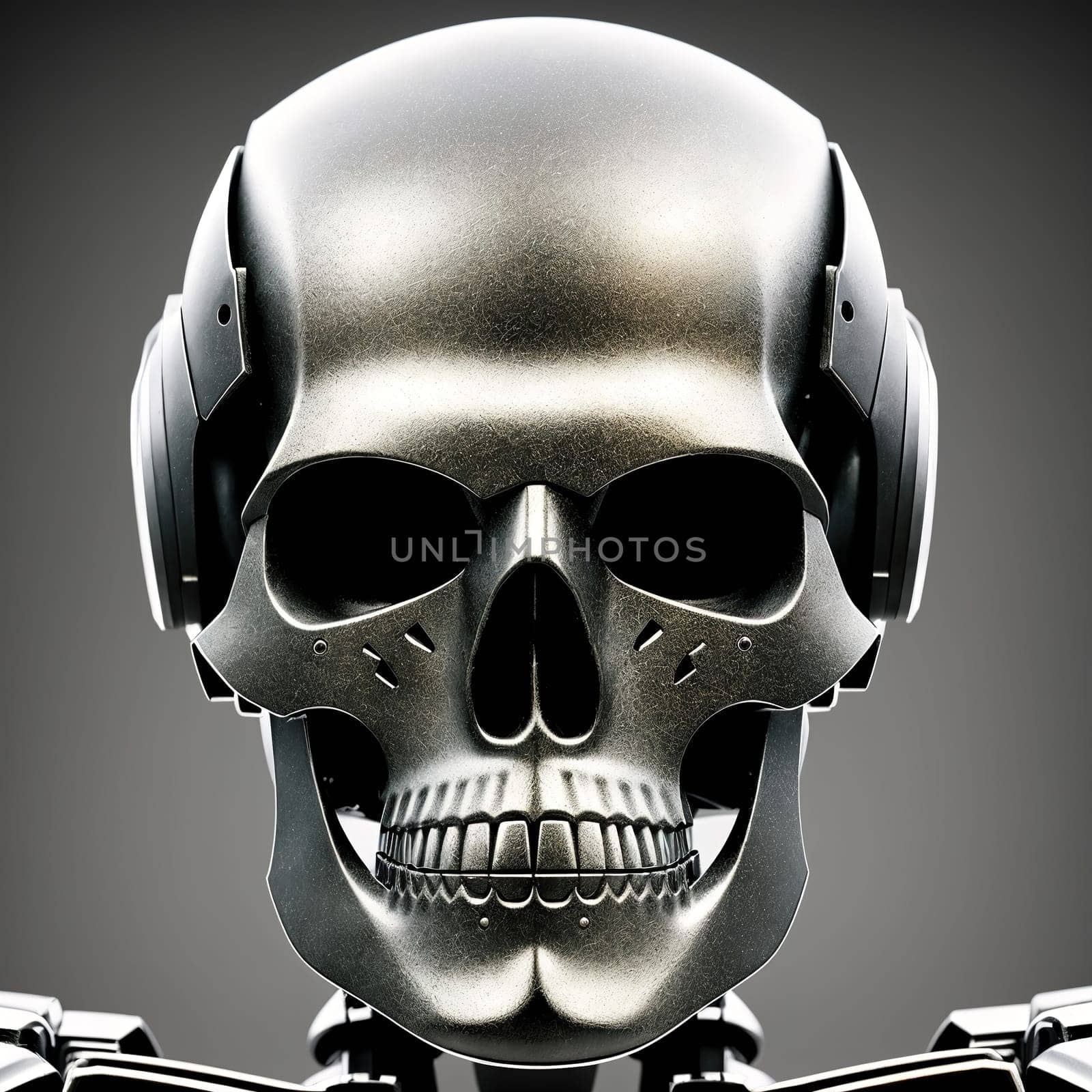 The image is a 3D rendering of a human skull with glowing blue eyes and a neutral expression.