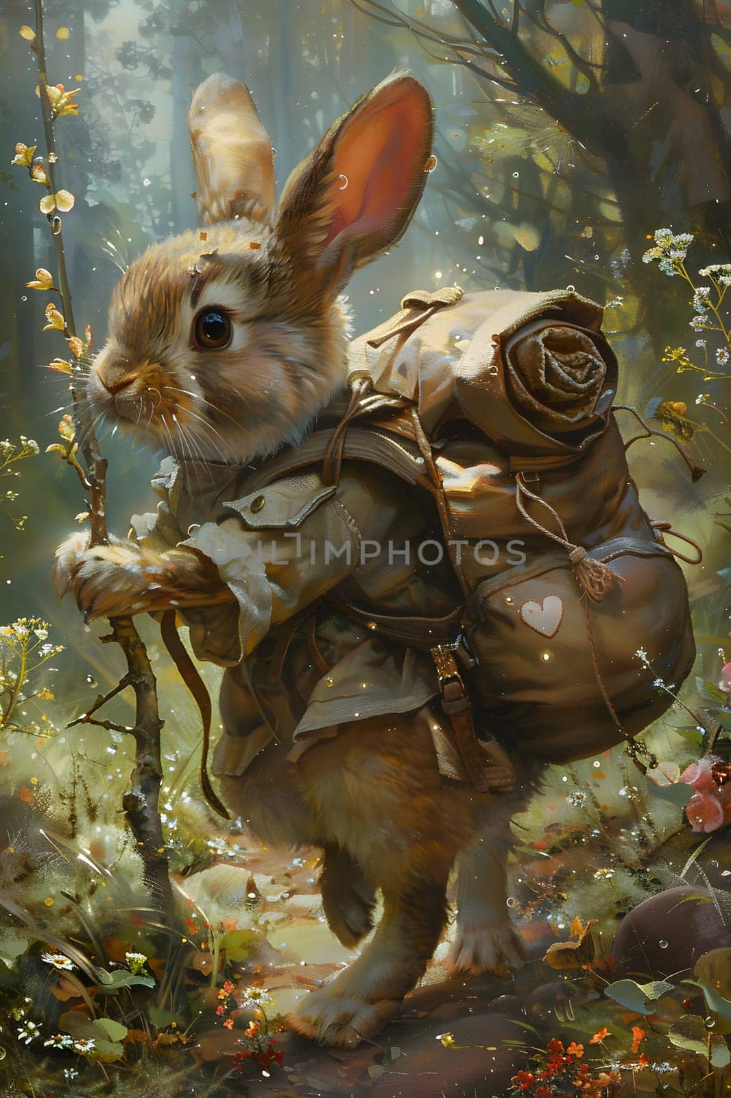 A terrestrial animal, a rabbit, is depicted in an art painting carrying a backpack and a stick. The scene includes grass and a terrestrial plant