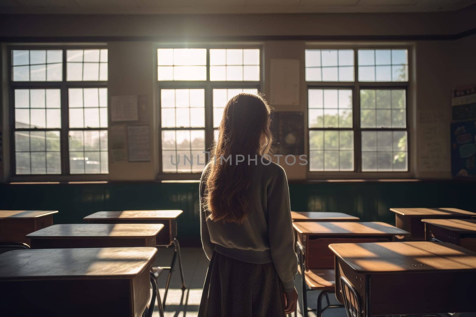 A contemplative teacher stands in the warm glow of an empty classroom, the golden sunlight casting shadows and a sense of calm solitude
