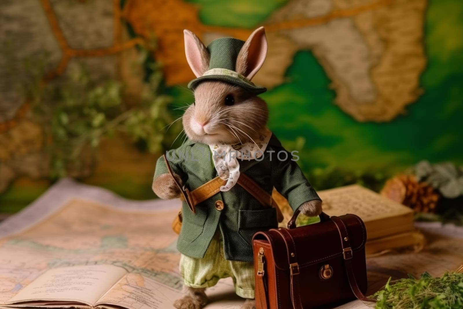 A sophisticated rabbit, ready for an adventure with a map and vintage suitcase, stands before a world map
