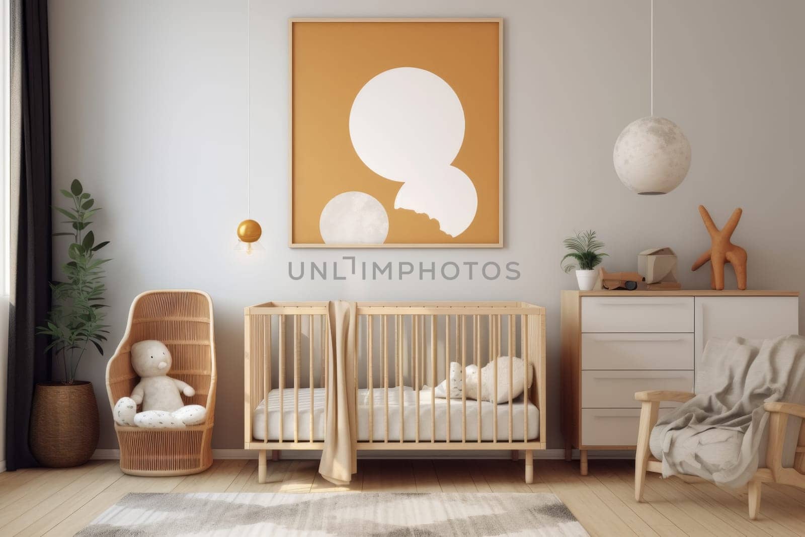 Modern nursery room with a wooden crib and a striking abstract poster, complemented by soft hues and minimalist decor, providing a chic and comforting space for infants.