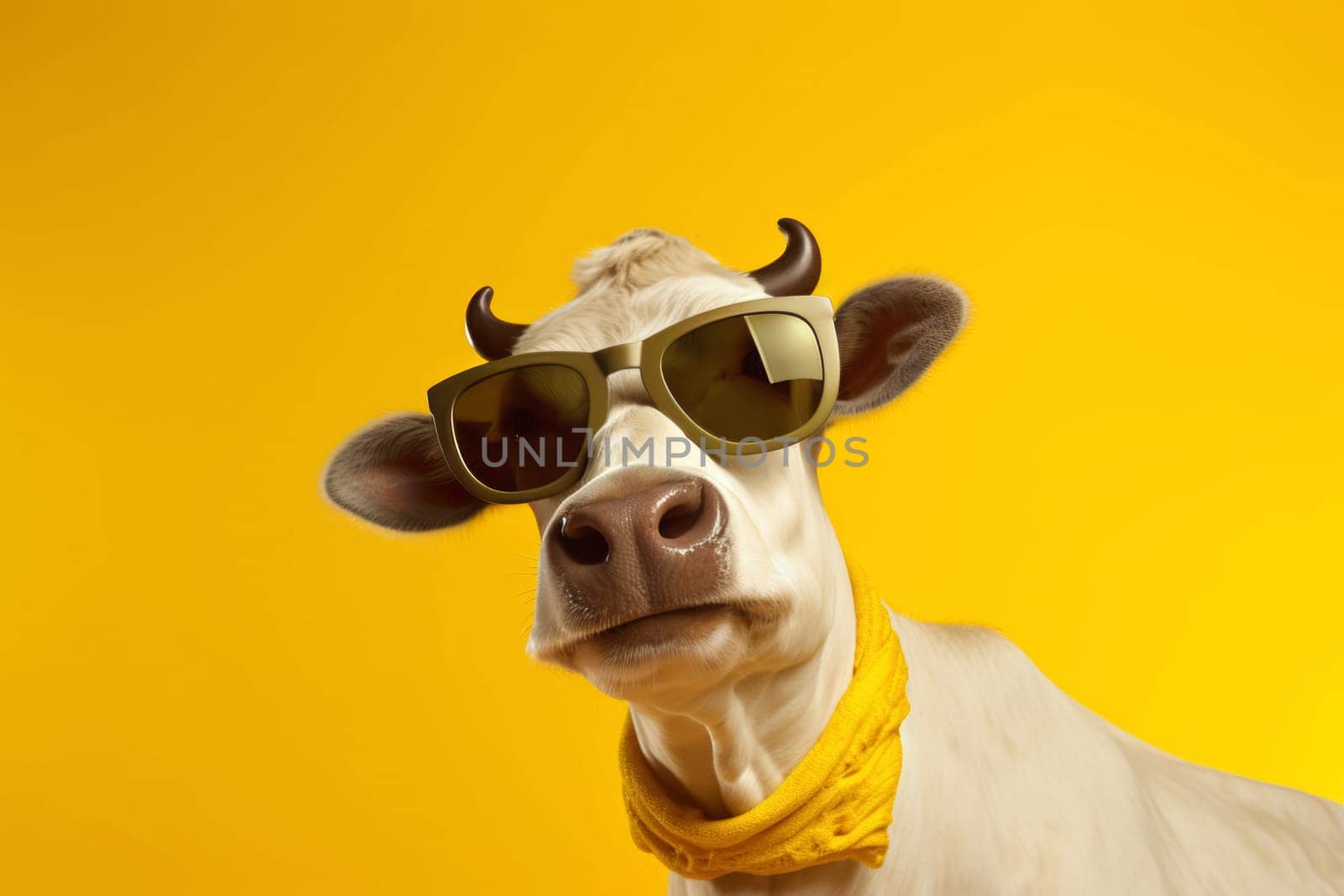 A quirky portrait of a white cow donning fashionable sunglasses and a yellow bandana, set against a vivid yellow background