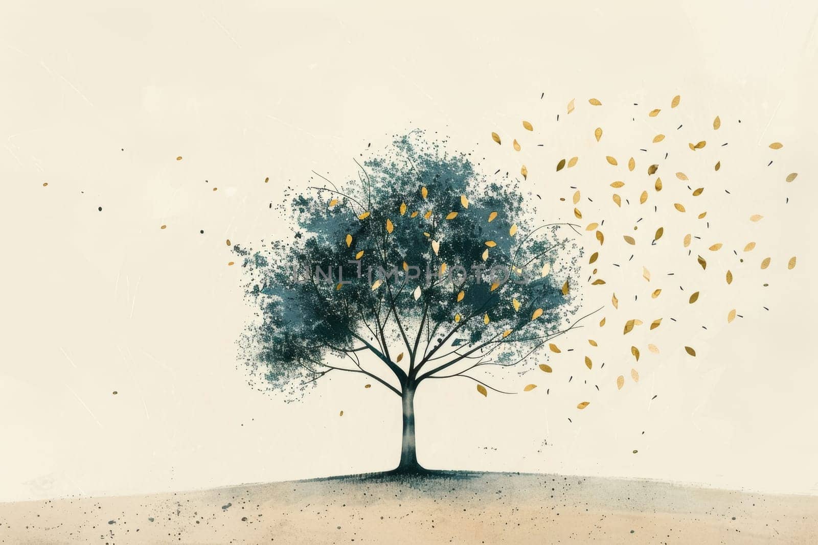 Stark illustration featuring a solitary tree with leaves dispersing in the wind, set against rolling hills.