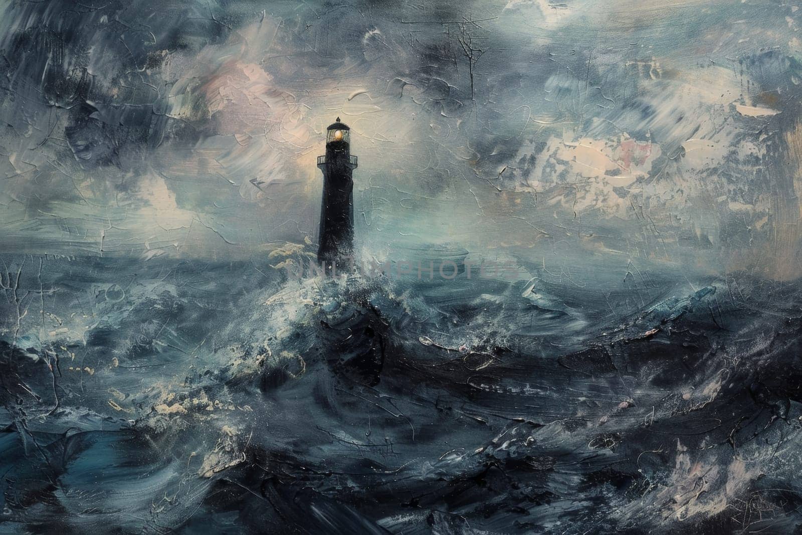 A tempestuous sea swirls around a steadfast lighthouse in this dynamic expressionist painting, rich with textured brushstrokes and a moody palette