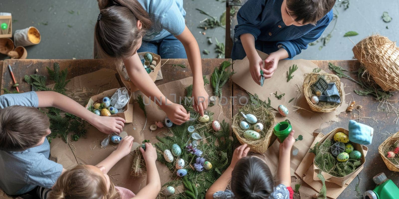 A group of happy children are gathered around a table, smiling and sharing Easter eggs from storage baskets. The toddlers and babies are having fun at this leisure event, building memories together AIG42E