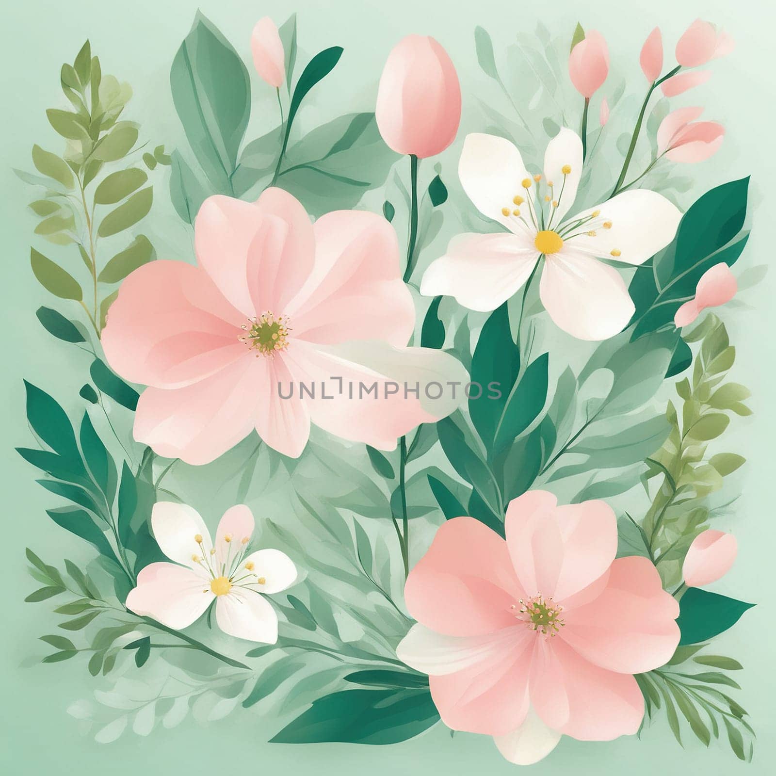 Spring floral background with flowers and leaves. Vector illustration for your design.Vector floral background with flowers and eaves.