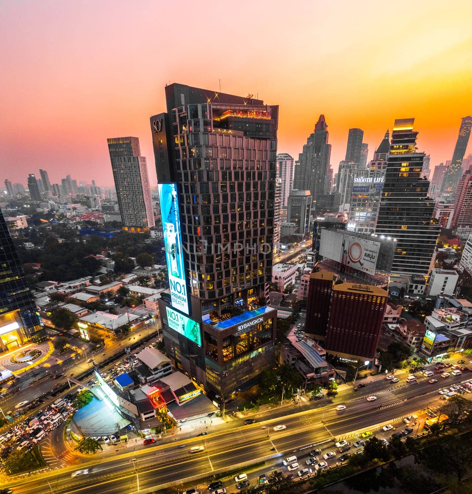 Aerial view of Lumpini district at sunet in Bangkok, Thailand, south east asia