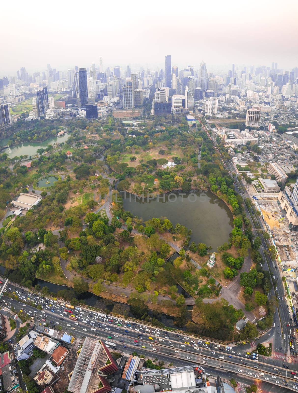 Aerial view of Lumpini district at sunet in Bangkok, Thailand, south east asia