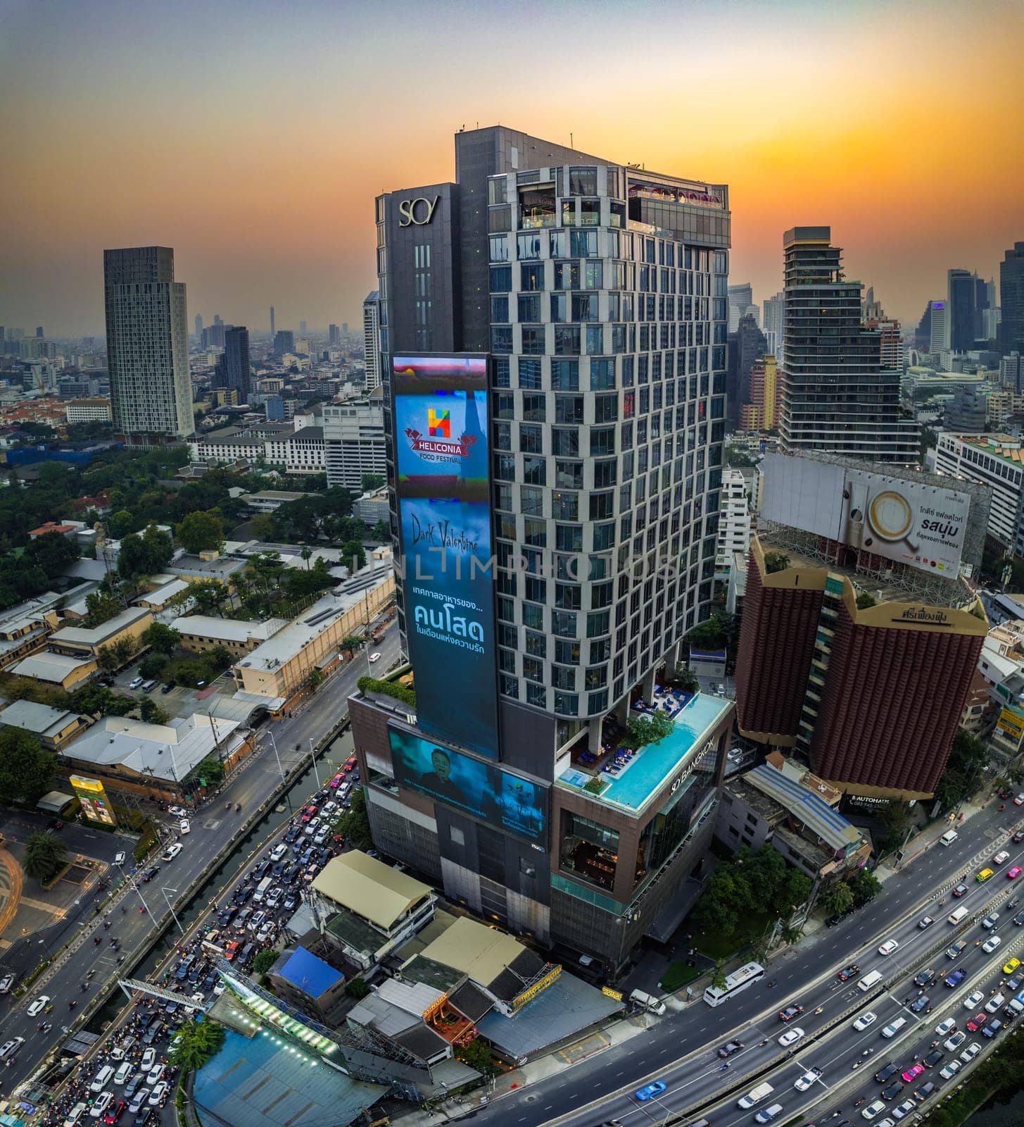 Aerial view of Lumpini district at sunet in Bangkok, Thailand, south east asia