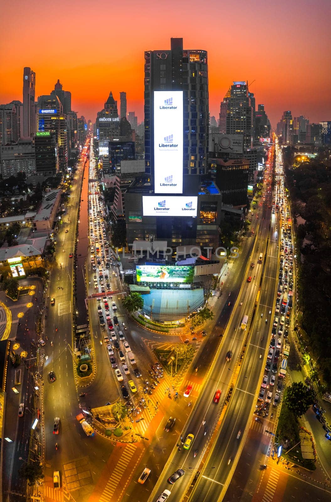 Aerial view of Lumpini district at sunet in Bangkok, Thailand, south east asia