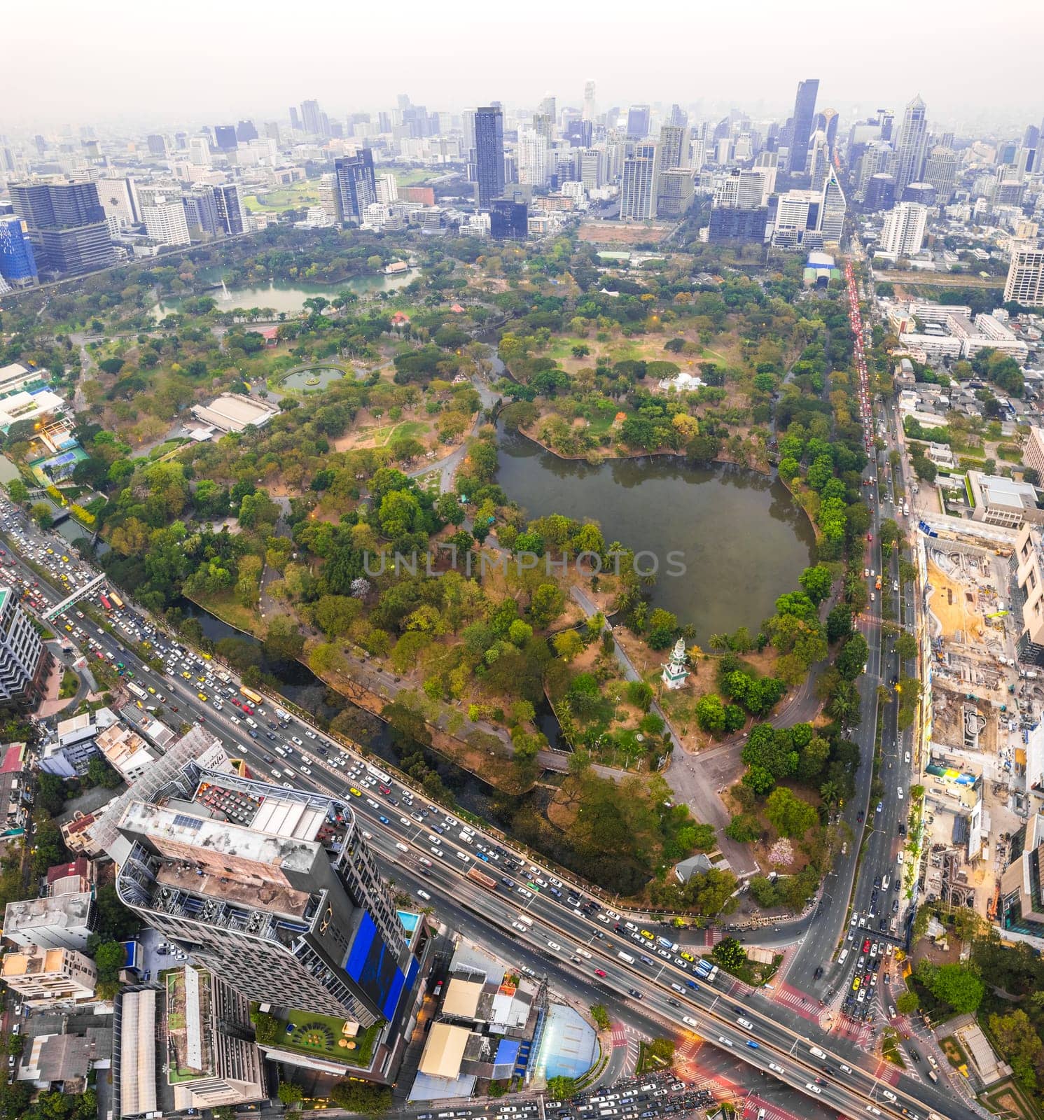 Aerial view of Lumpini district at sunet in Bangkok, Thailand, south east asia