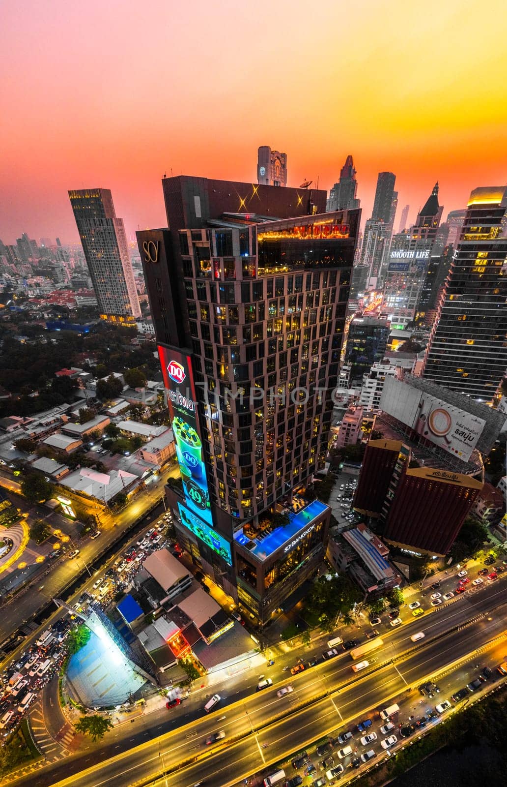 Aerial view of Lumpini district at sunet in Bangkok, Thailand, south east asia