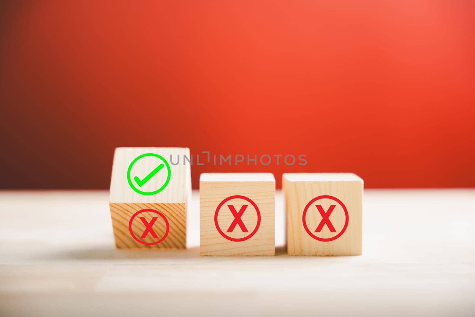 Wooden sphere flips red wrong symbols to green checkmark showcasing business solution and successful decision-making. Portrays shift from wrong to right on wooden cubes. Think With Yes Or No Choice.