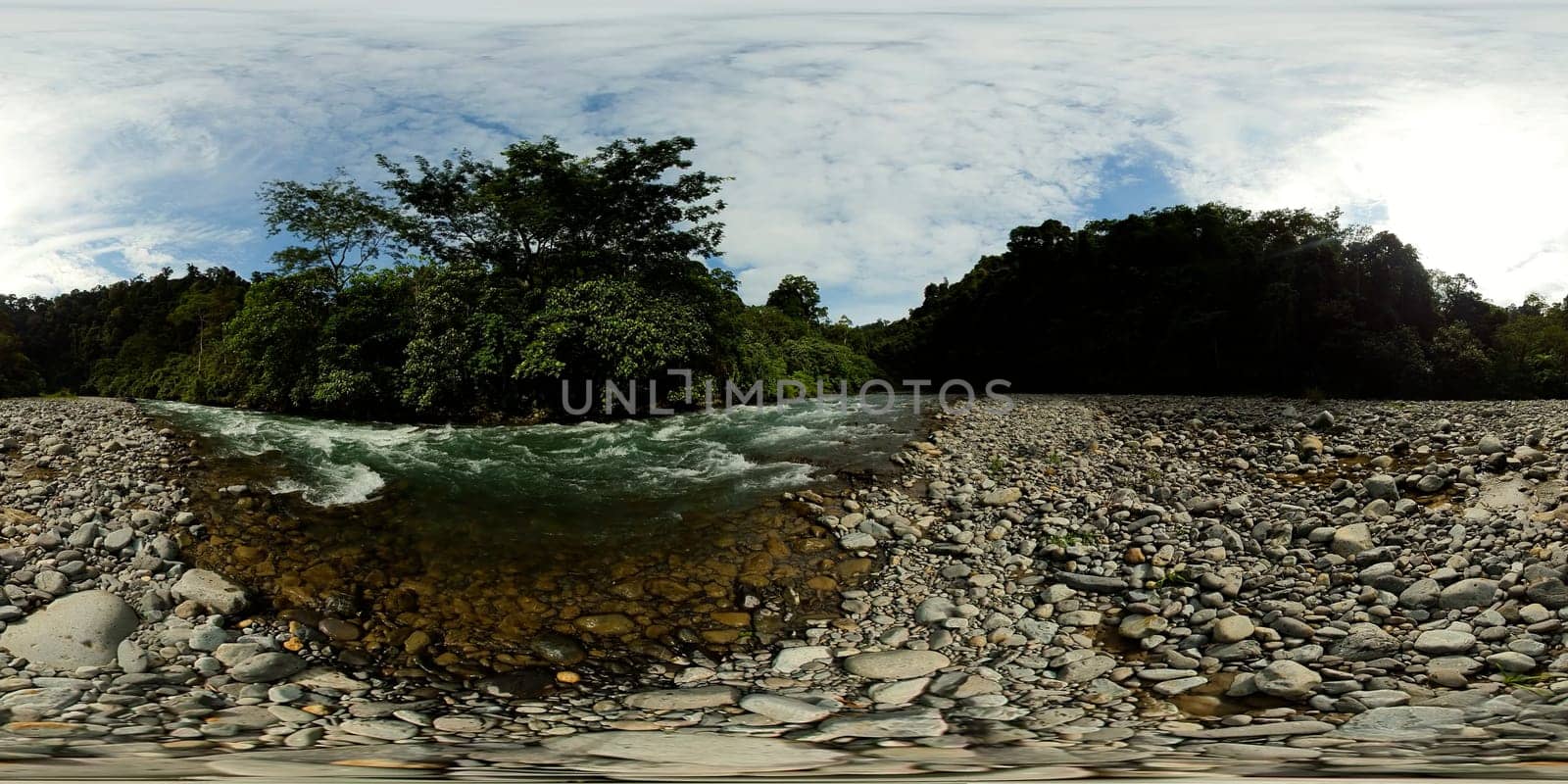 A river in a rainforest. Bukit Lawang. Sumatra, Indonesia. VR 360.