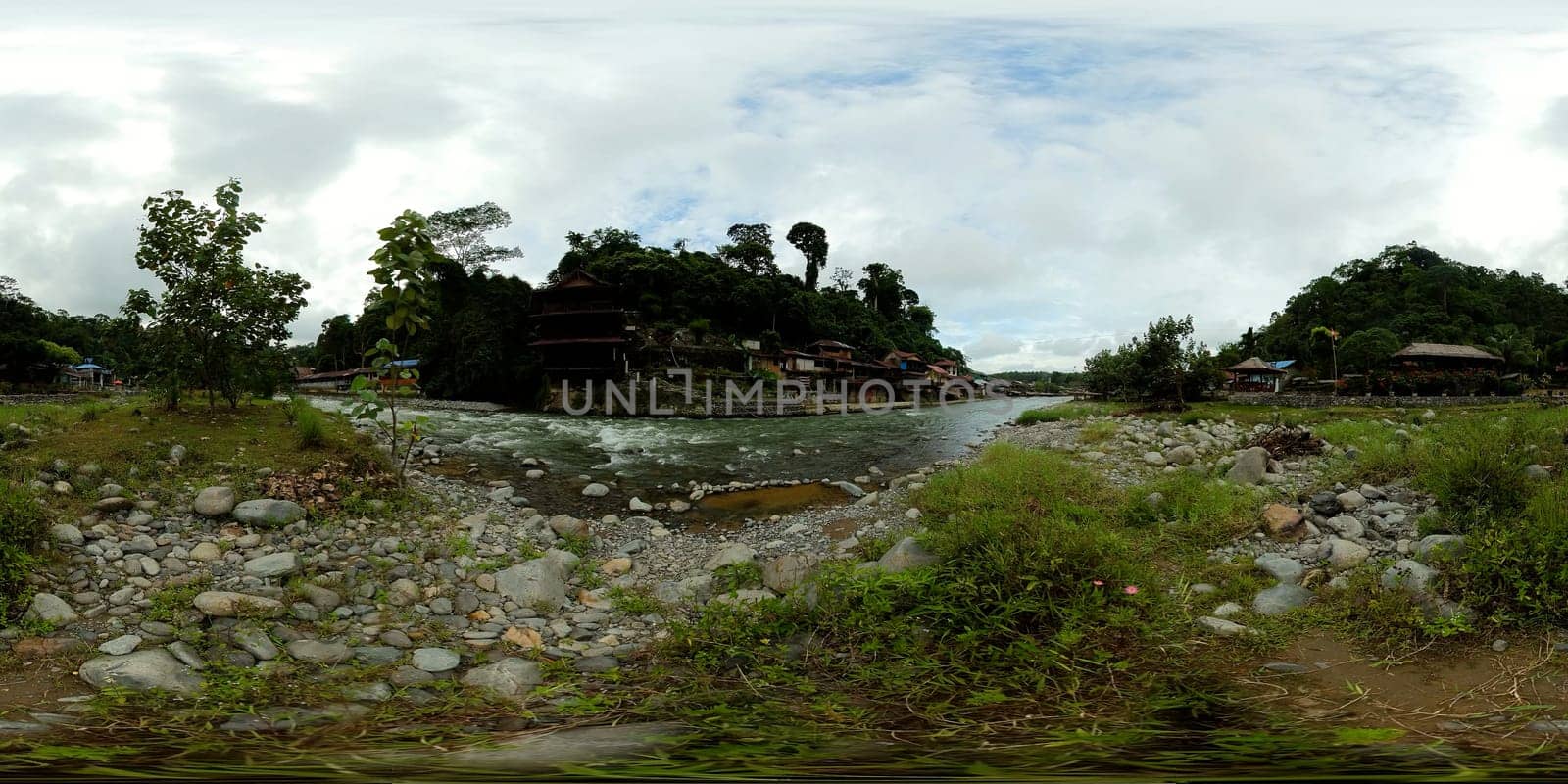 River townscape view of Bukit Lawang before a ecotourism jungle hike in Gunung Leuser National Park. Virtual Reality 360.