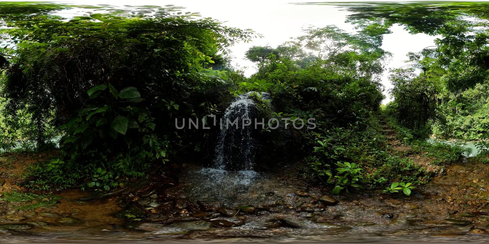 Waterfall among tropical jungle. Bukit Lawang. Sumatra, Indonesia. 360 panorama VR.