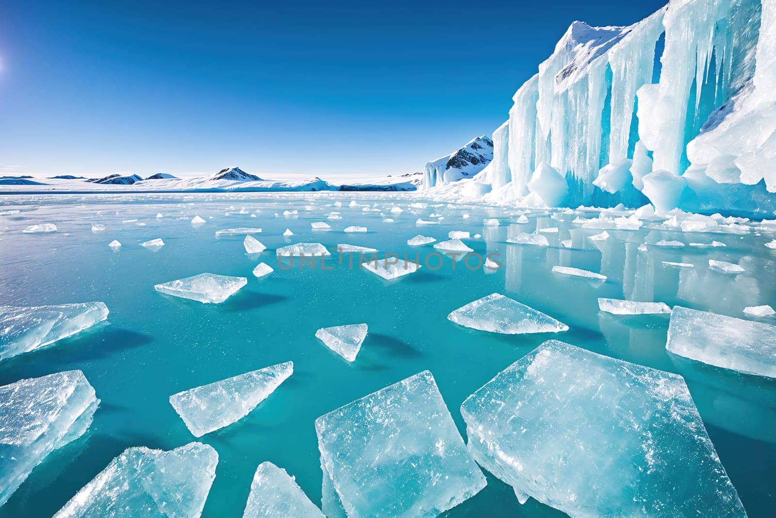The image shows a large iceberg floating in the middle of a frozen lake, surrounded by snowy mountains in the background.