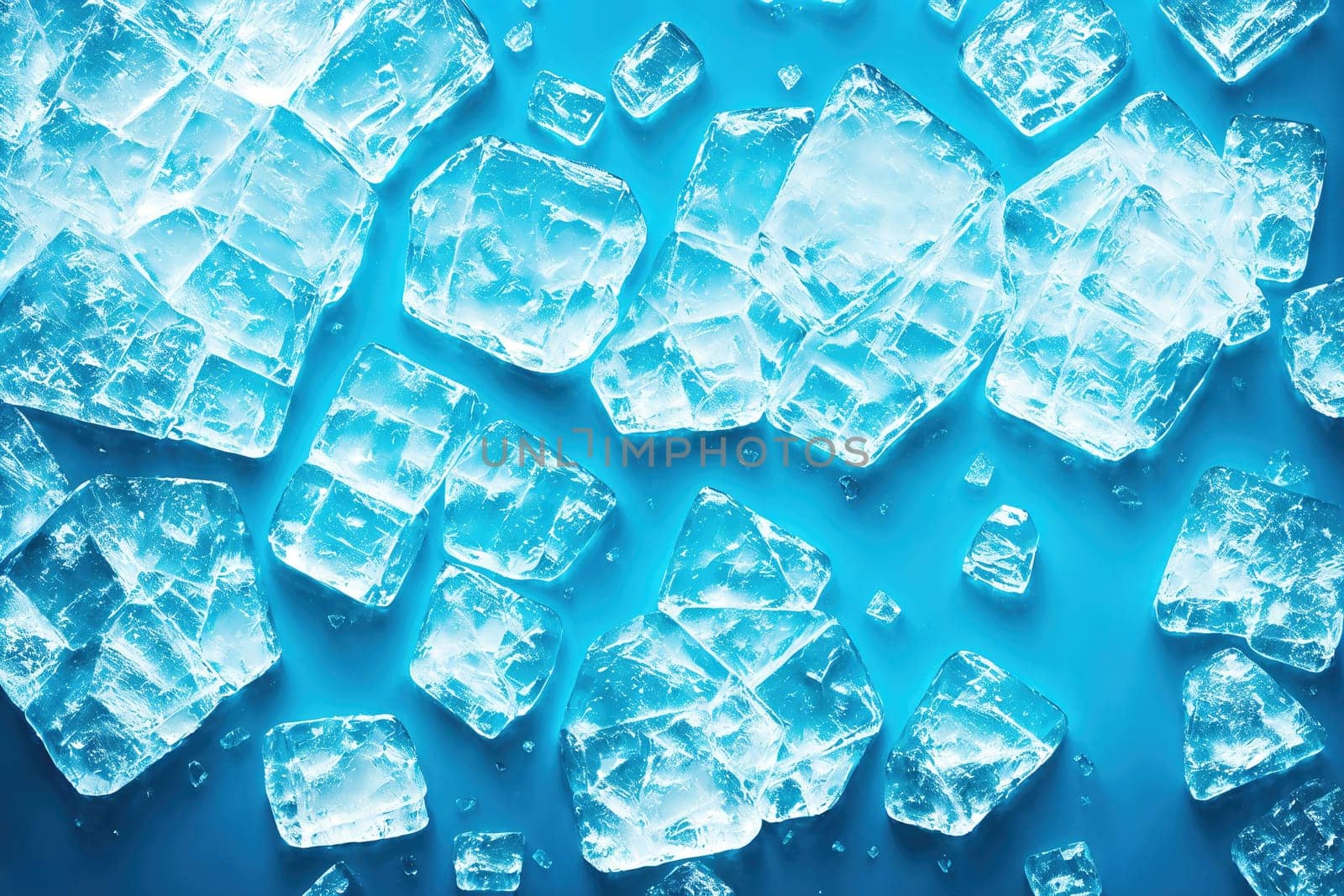 The image is a blue and white background with many shards of ice scattered on it.