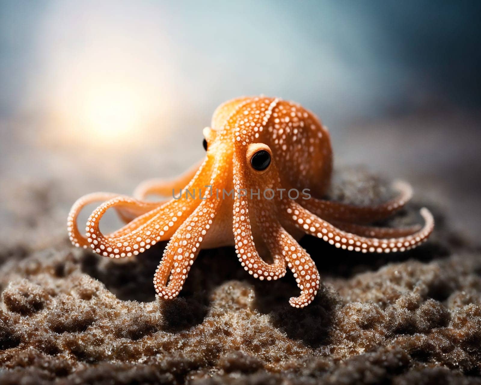 The image is a close up of an octopus with its tentacles spread out on the sand.