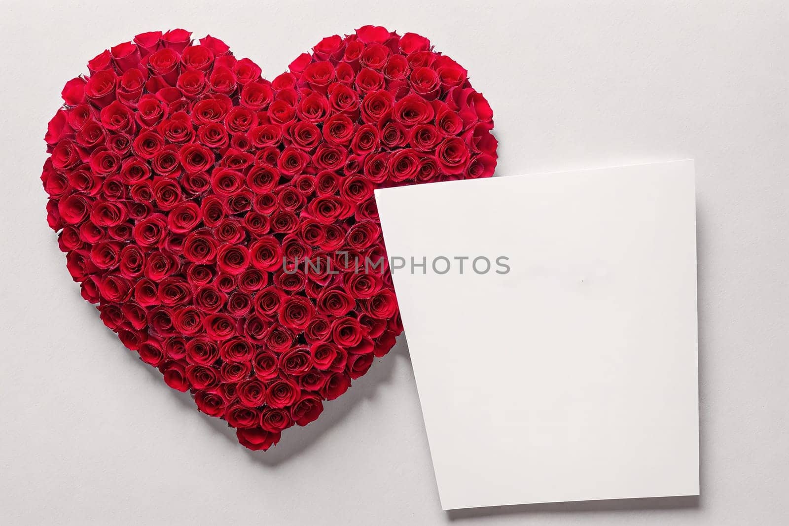 The image is a 3D rendering of a heart-shaped bouquet of red roses with a blank piece of paper in the center.