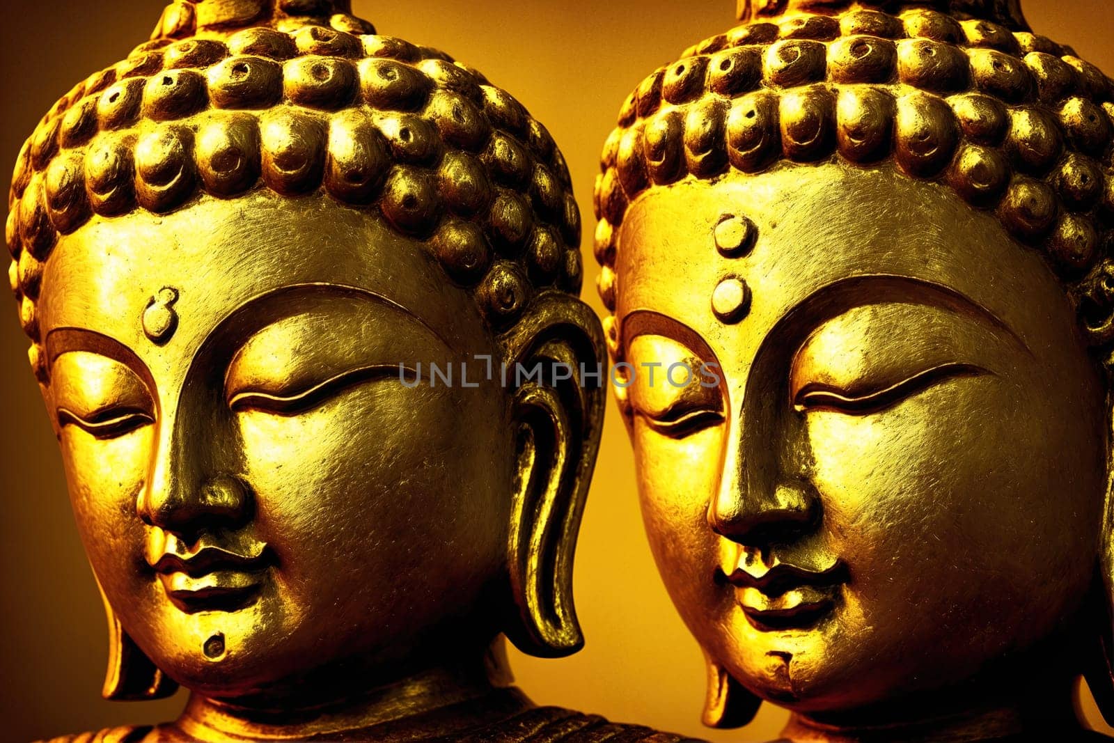 The image shows two golden statues of the Buddha, one facing forward and the other facing backward, with their hands in a meditative position.