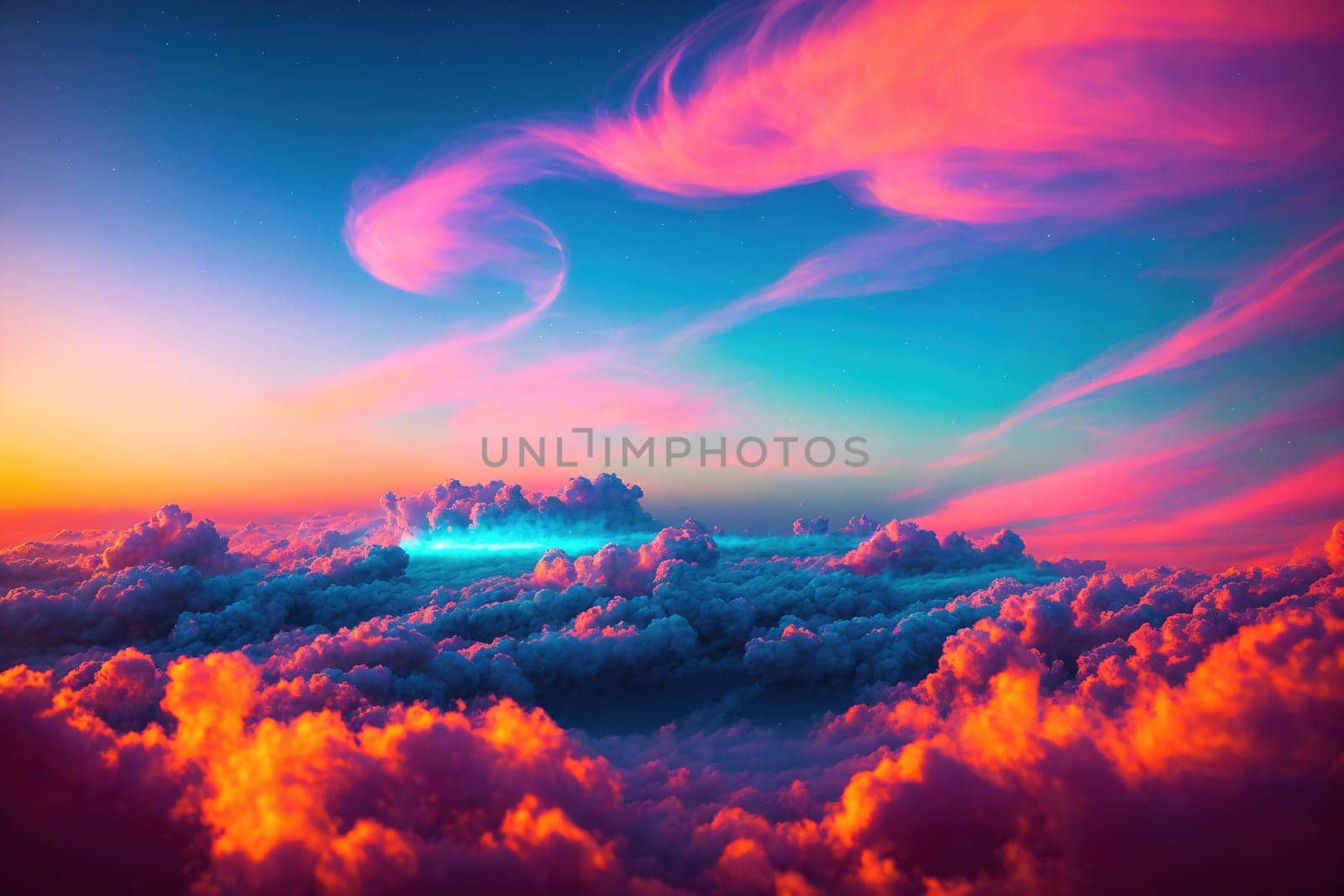 The image depicts a beautiful, colorful sky with clouds and a sunset in the background.