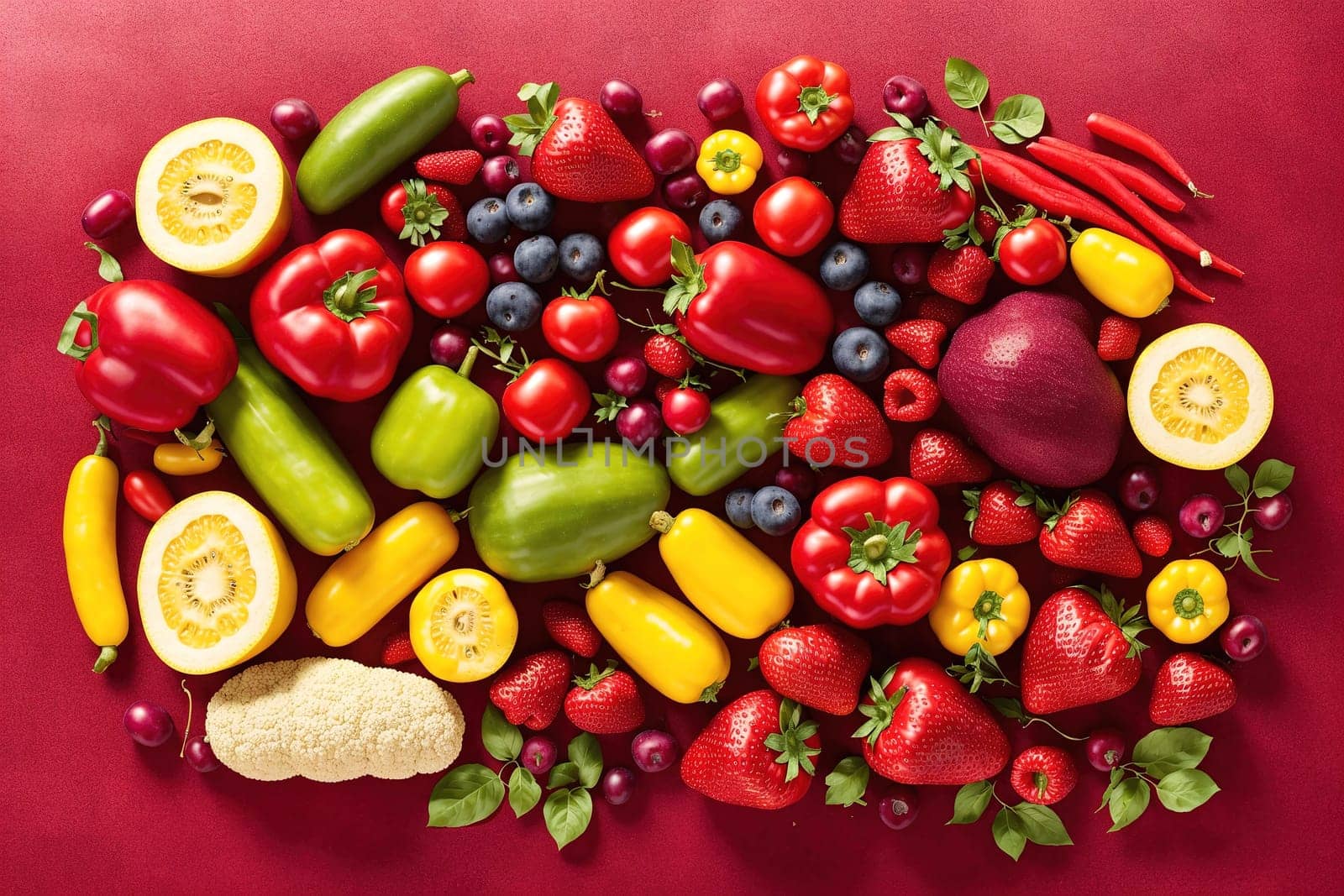 The image shows a variety of colorful fruits and vegetables arranged on a red background.