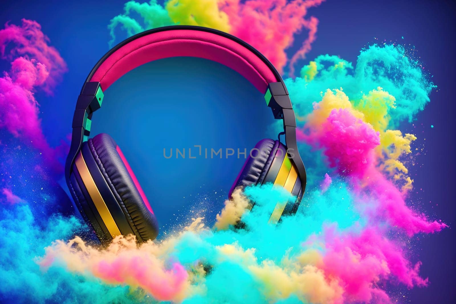 The image is a pair of colorful headphones floating in a cloud of colored powder.