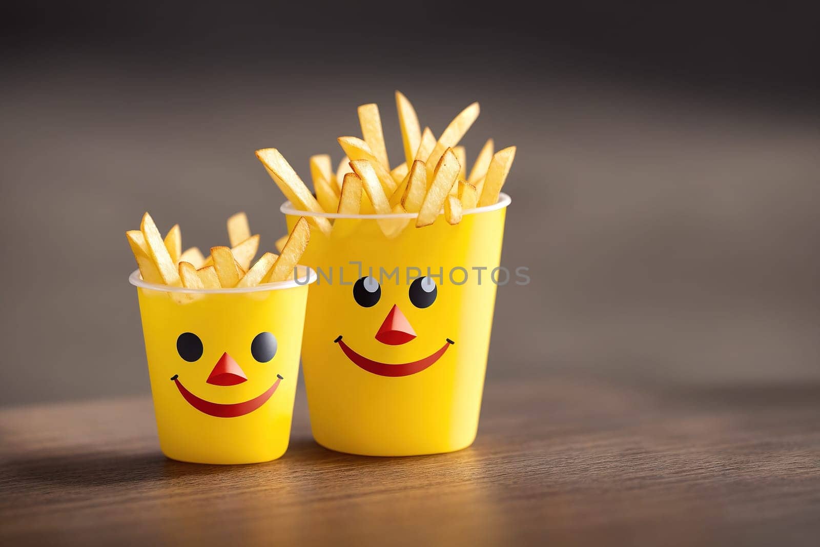The image shows two smiling french fries sitting in a yellow cup.