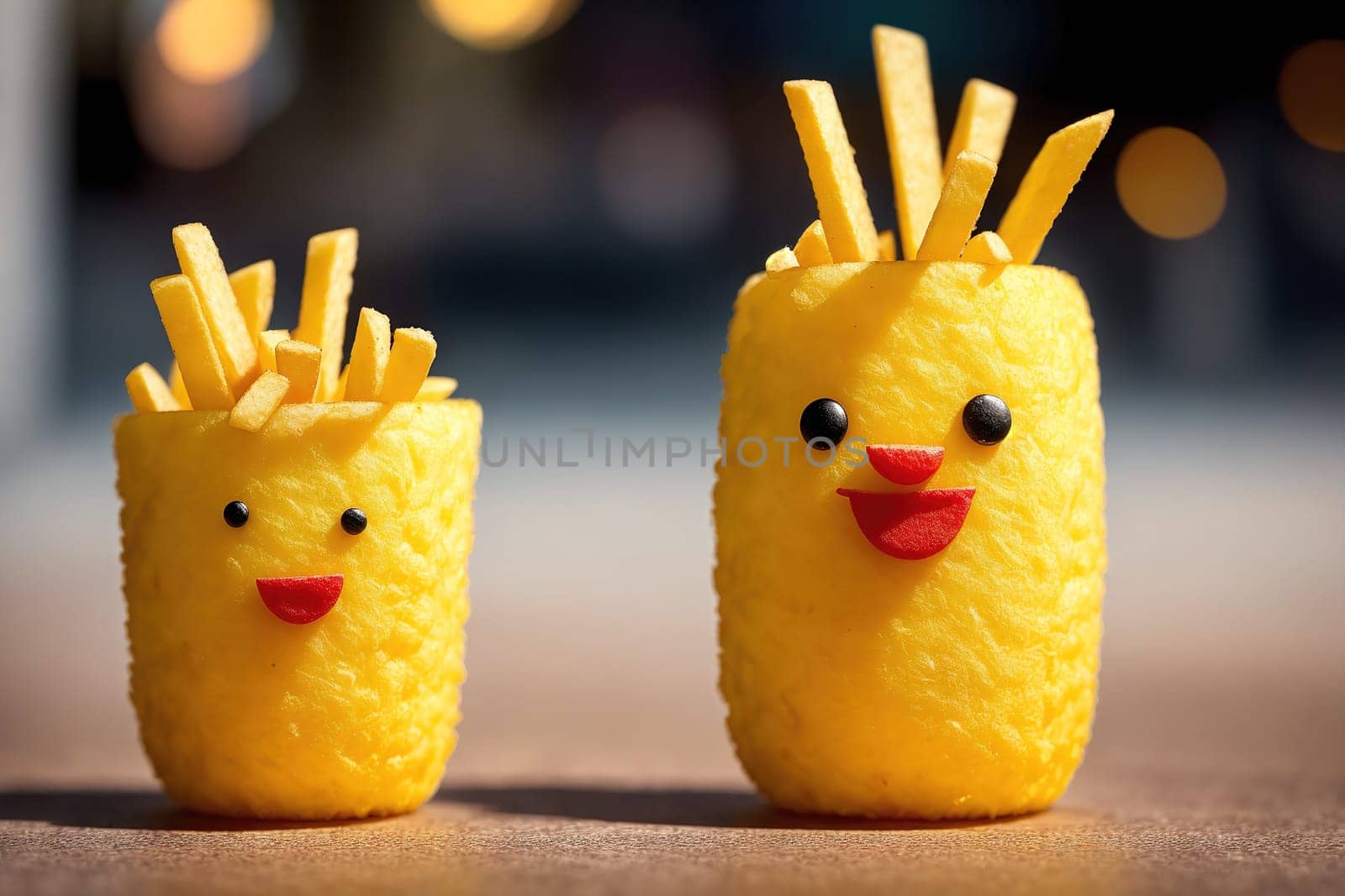 The image shows two french fries with smiling faces, one wearing sunglasses and the other holding a cigarette.