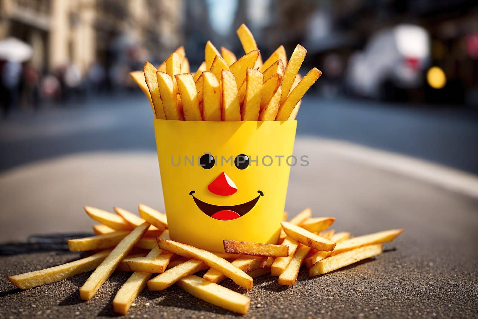 The image shows a yellow cup filled with french fries.