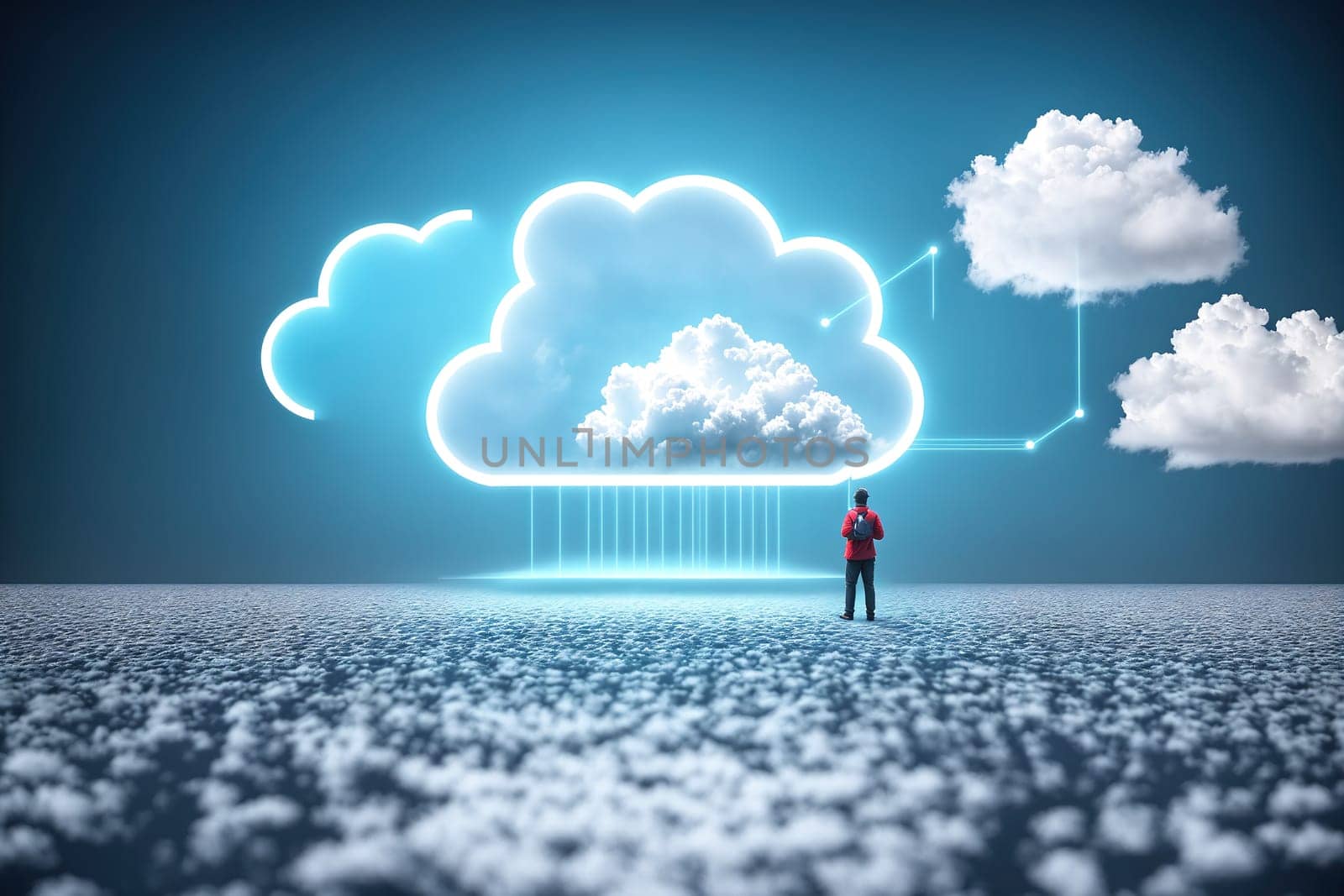 The image depicts a person standing in a field of clouds, looking up at the sky with a thoughtful expression on their face.