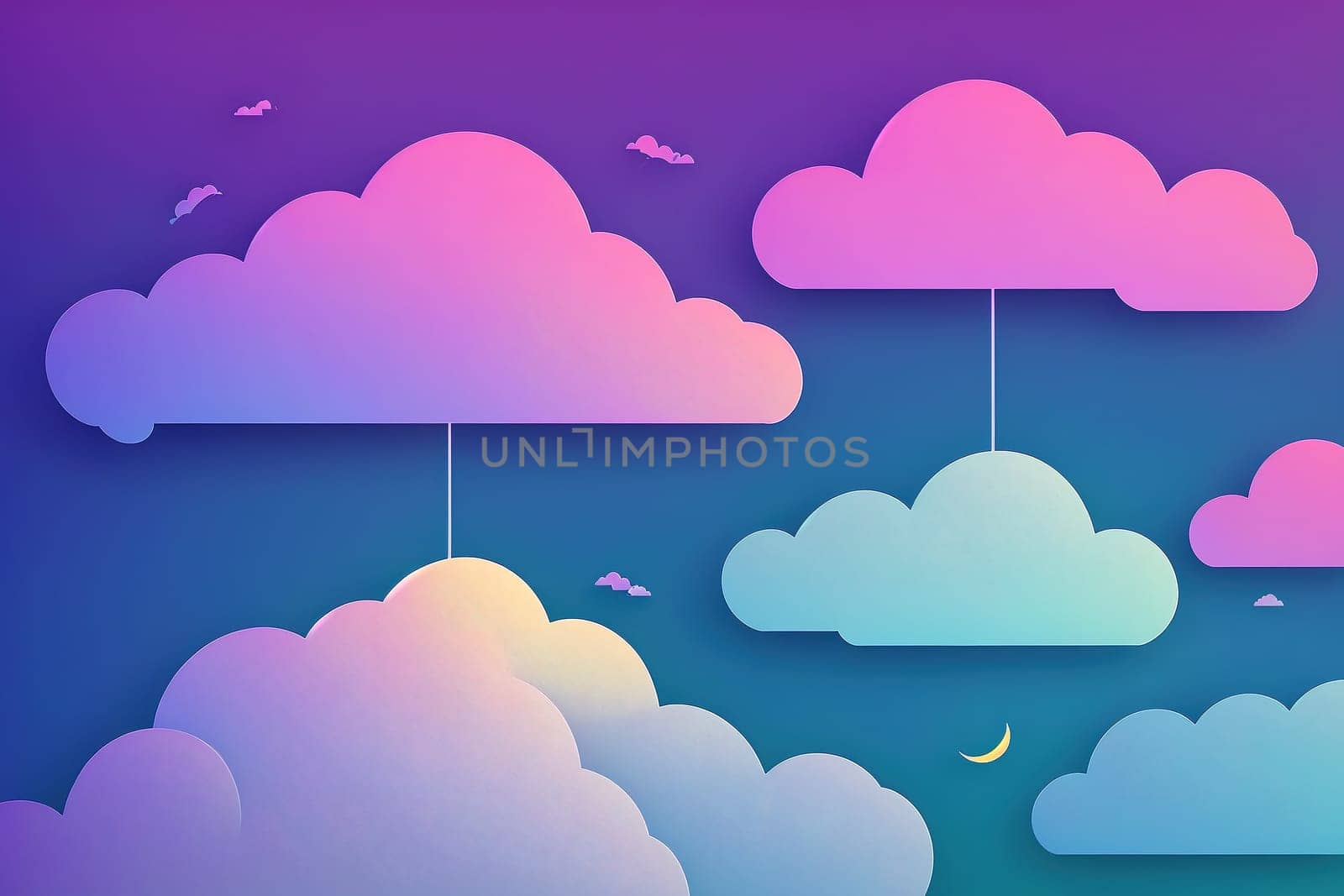 The image depicts a group of clouds floating in the sky, with a crescent moon and stars in the background.