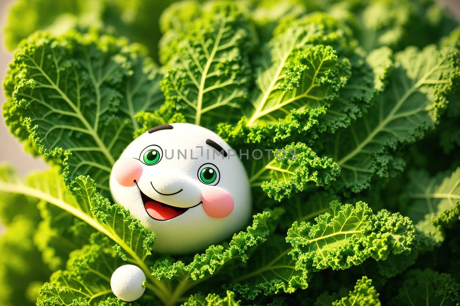 The image shows a smiling egg hiding behind a leafy green plant.