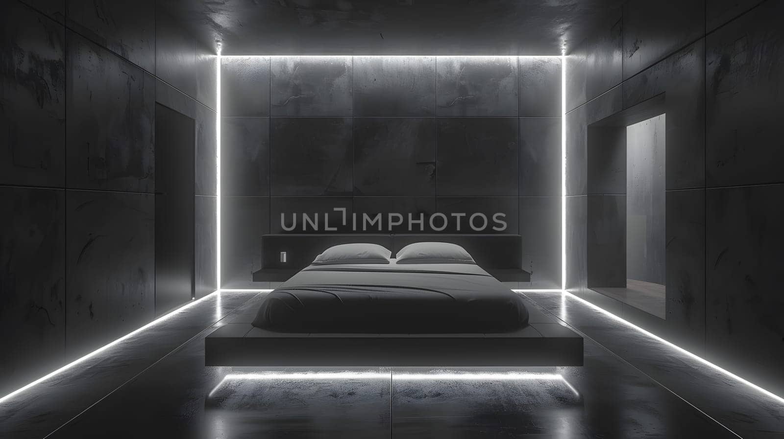 A monochrome bedroom featuring a metal bed and Automotive lighting with neon lights on the walls and ceiling, creating a symmetrical and futuristic ambiance in the darkness