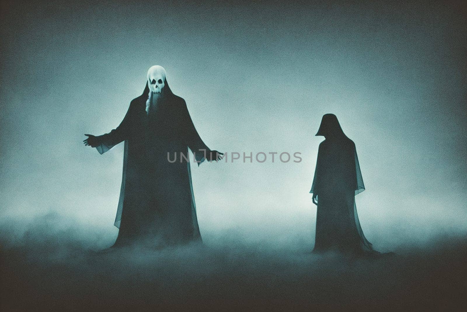 The image depicts a group of ghostly figures standing in a misty landscape.